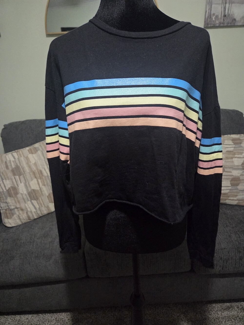 Women’s Black Cropped Sweater with Multicolor Stripes